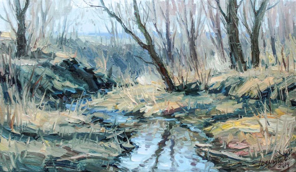 A landscape painting of a shallow stream winding through a wooded area with bare trees and dry grass.