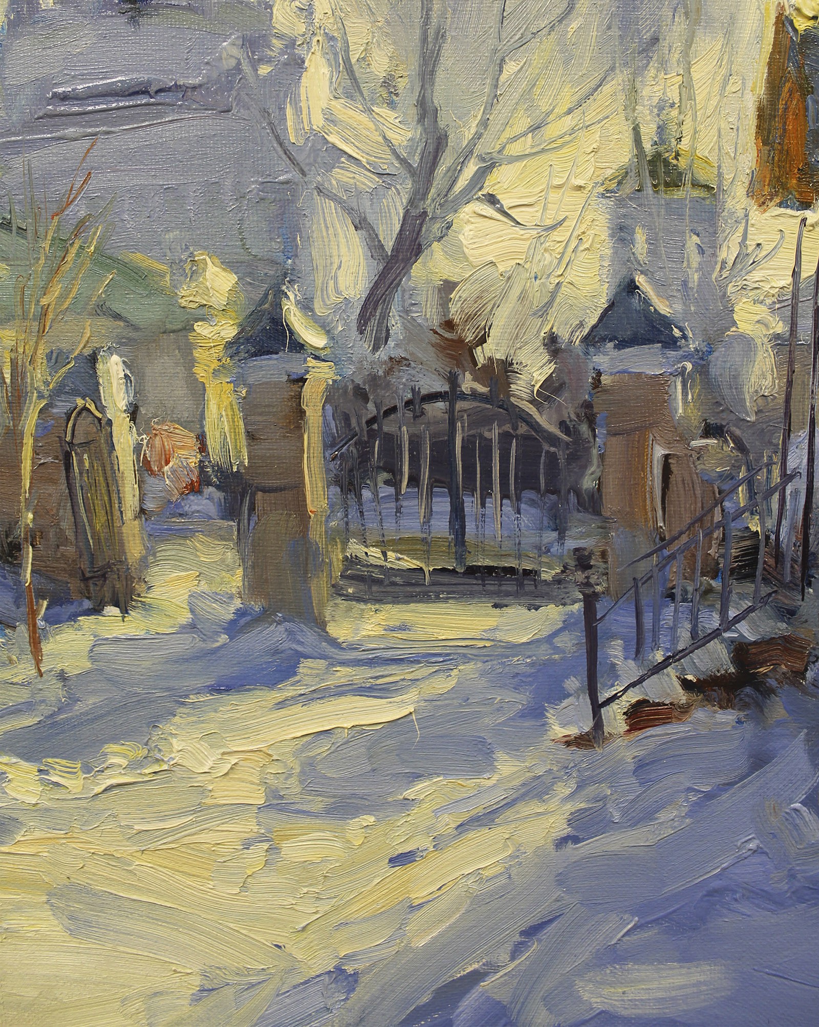 An expressive oil painting of a snowy village scene rendered in thick, textured brushstrokes.