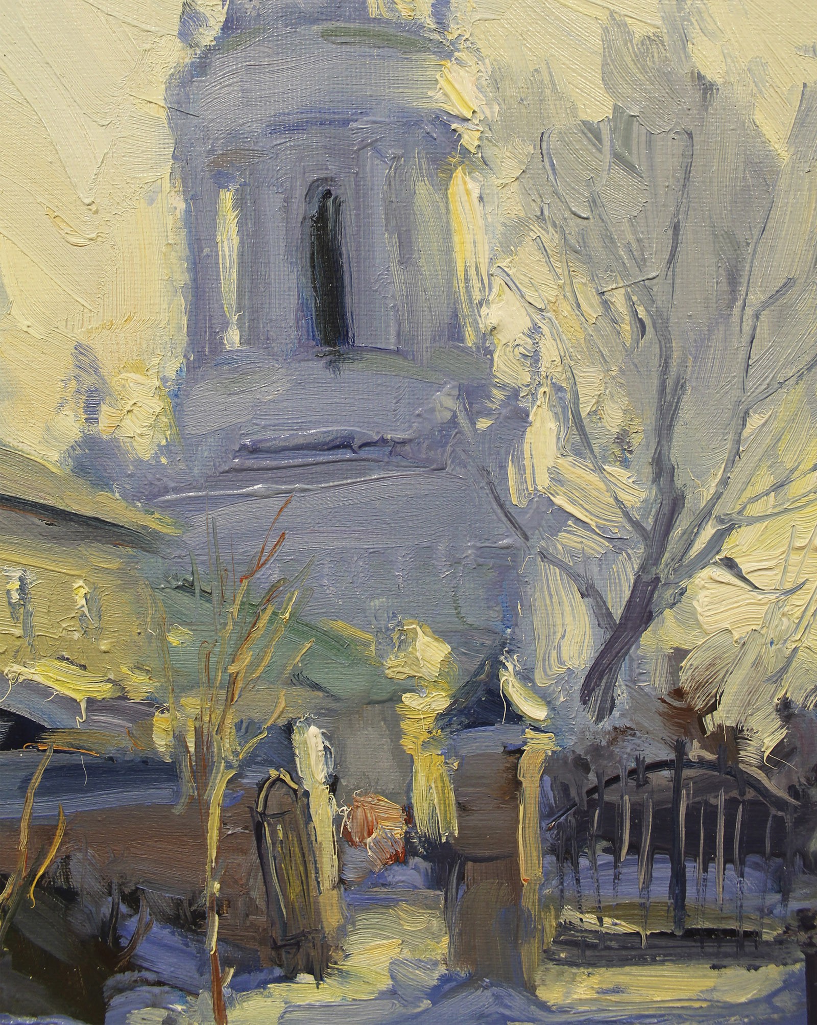 An expressive oil painting of a snowy village scene rendered in thick, textured brushstrokes.