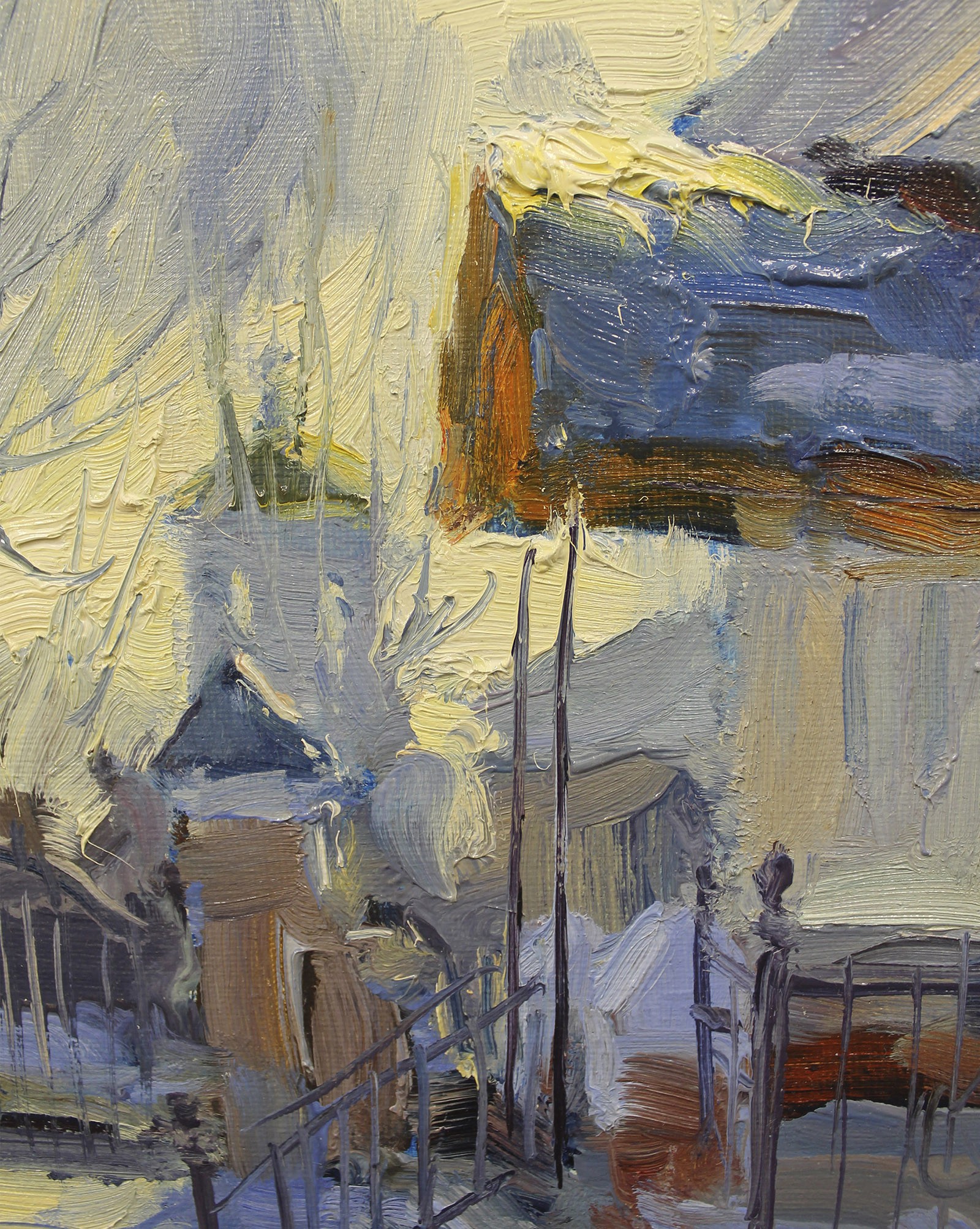 An expressive oil painting of a snowy village scene rendered in thick, textured brushstrokes.
