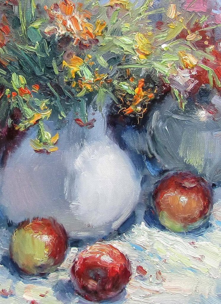 A vibrant still life painting featuring a vase of wildflowers and three apples on a textured surface.