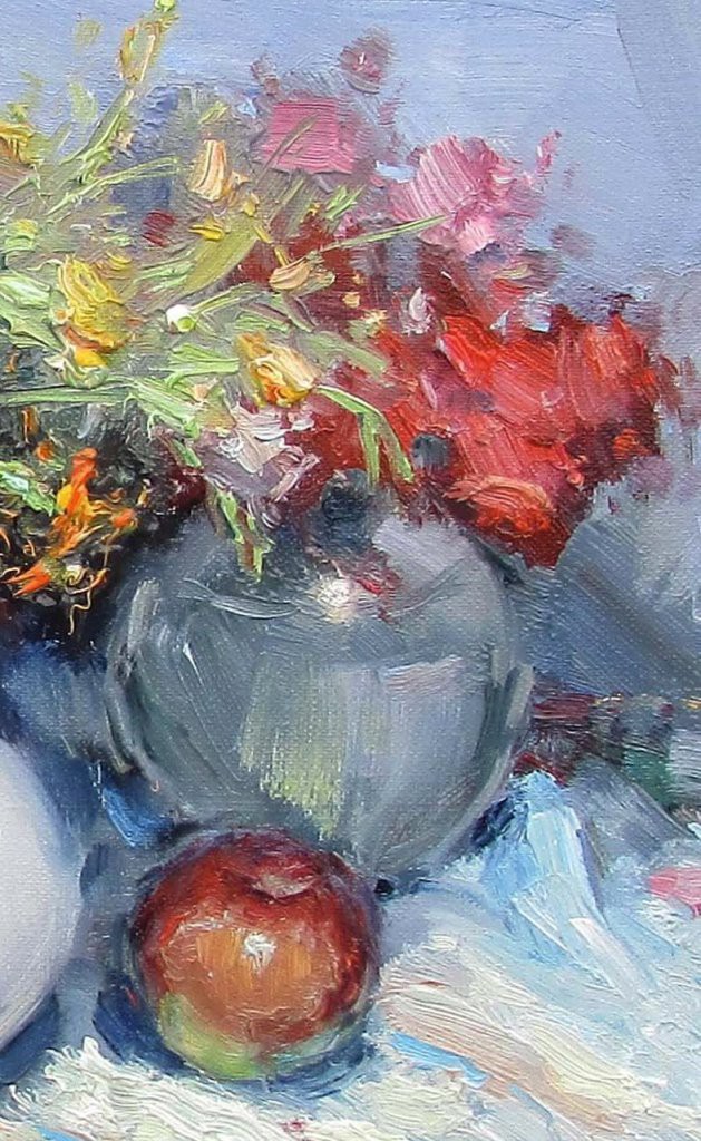 A vibrant still life painting featuring a vase of wildflowers and three apples on a textured surface.