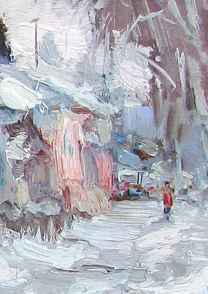 A vibrant street scene rendered in thick, expressive brushstrokes.