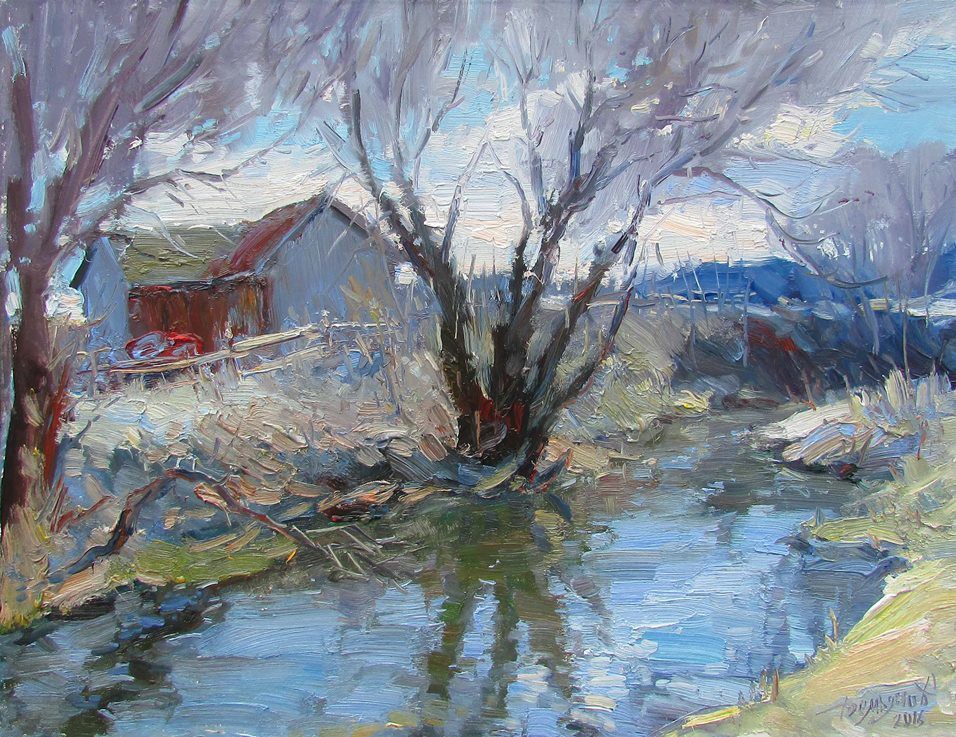 A textured landscape painting of a winter river scene with bare trees and a distant house.
