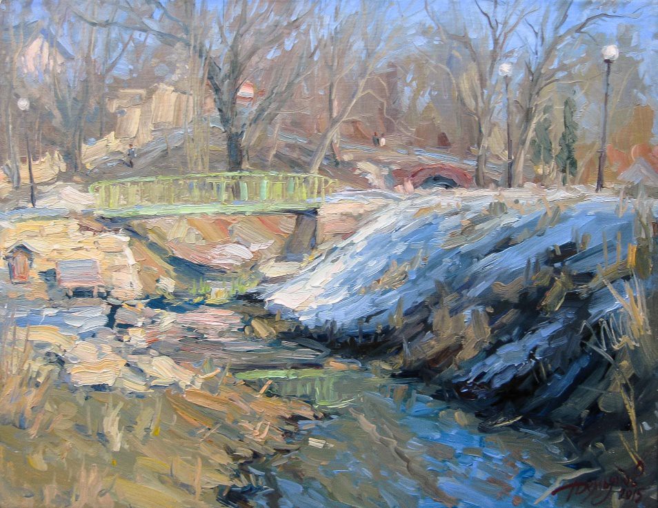 A painterly landscape of a winter stream with a green bridge and snow-covered banks.