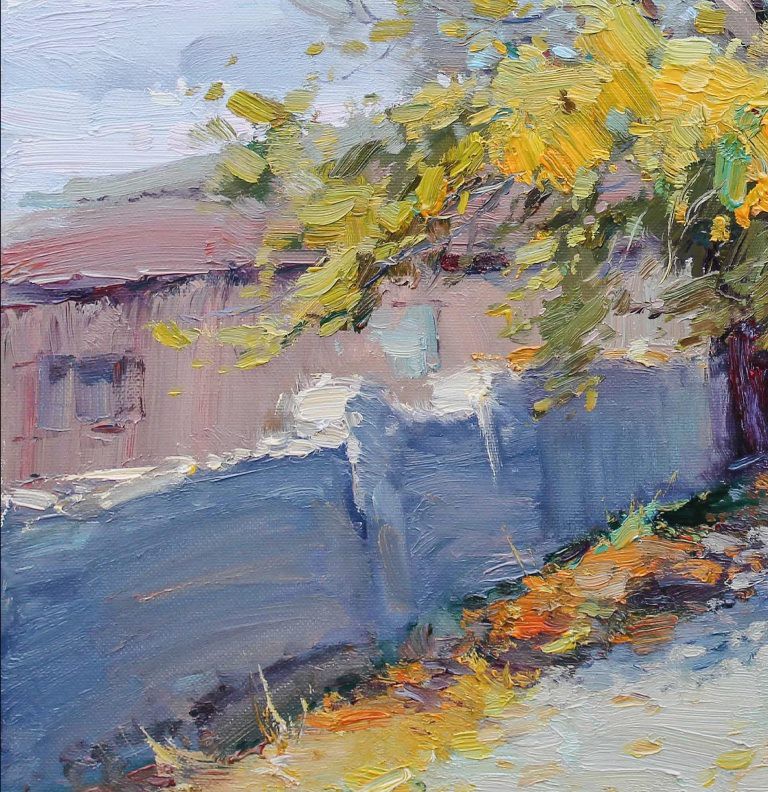 A vibrant impressionist painting of a figure walking under a canopy of yellow leaves.