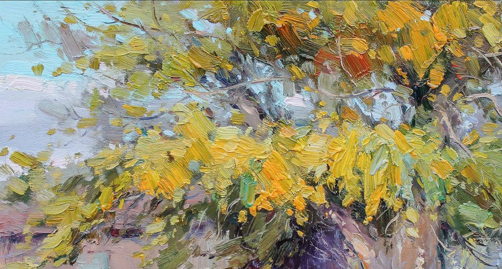 A vibrant impressionist painting of a figure walking under a canopy of yellow leaves.