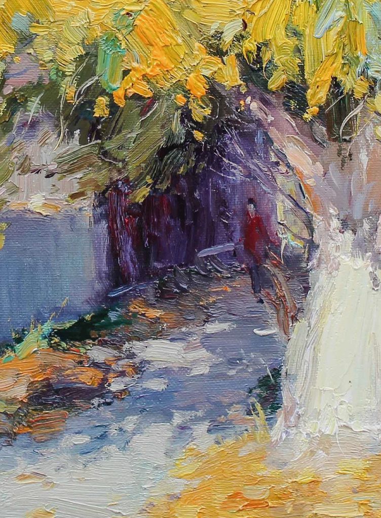 A vibrant impressionist painting of a figure walking under a canopy of yellow leaves.