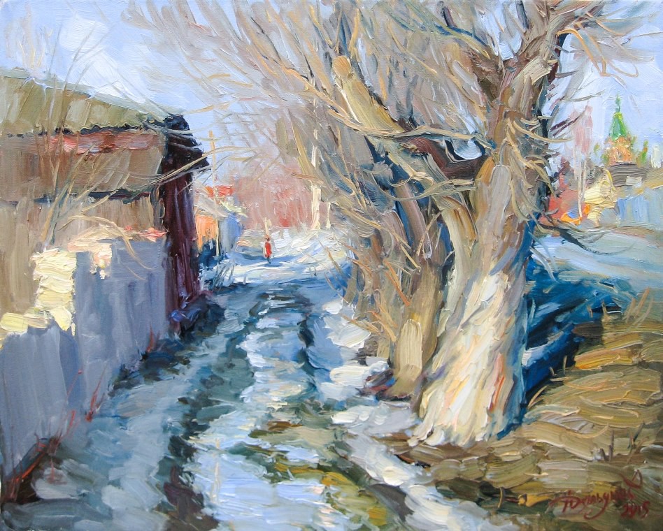 A vibrant winter street scene with a lone figure in the distance, rendered in thick, expressive brushstrokes.
