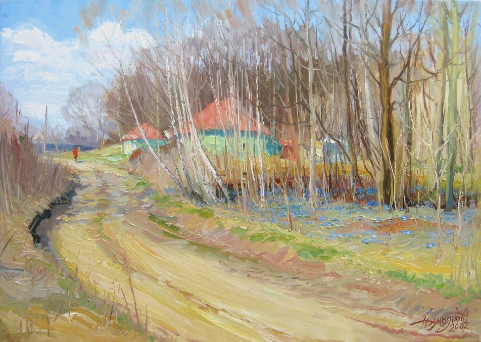 A rustic landscape painting of a rural road winding through a forest toward a distant house.