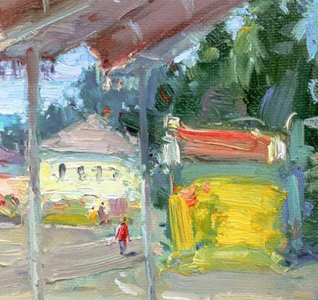 A vibrant impressionist painting of a bustling market scene viewed through a wooden structure.