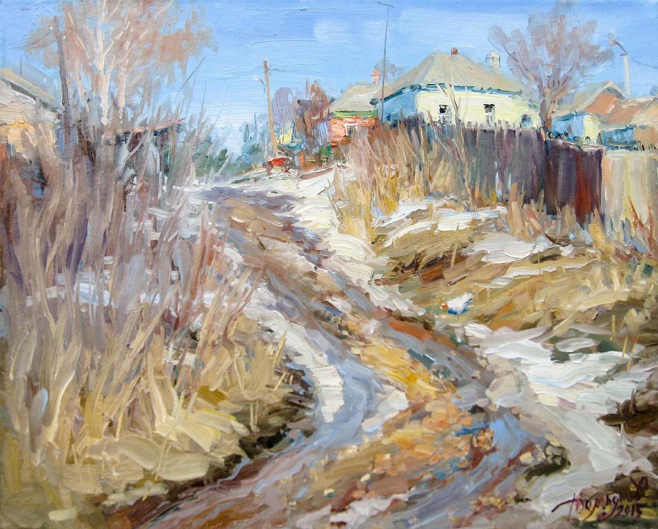 A textured landscape painting of a rural road in winter, featuring a winding path through tall dry grass toward distant houses.