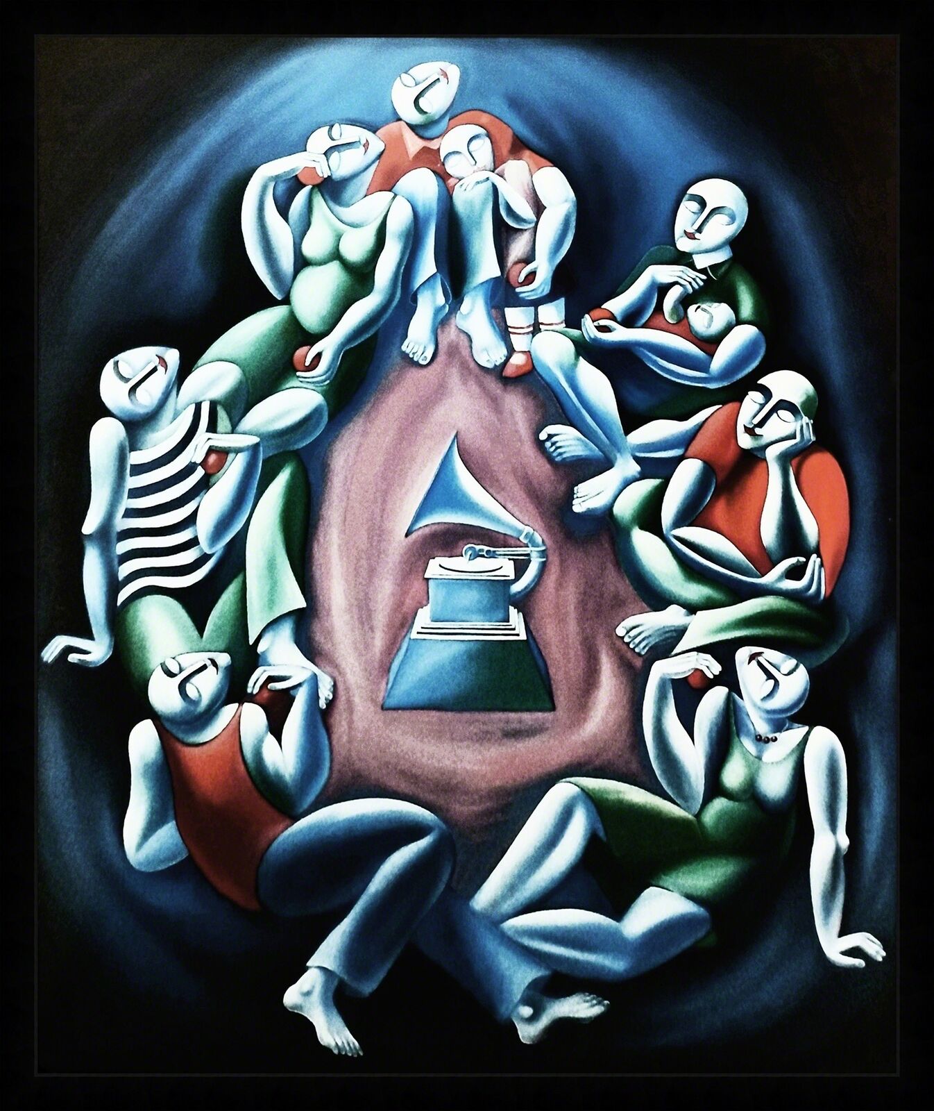 A painting of a group of people sitting around a gramophone.