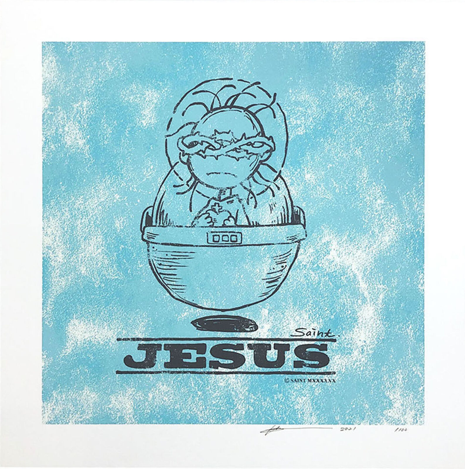 A blue and white illustration of a baby in a bowl with the word Jesus.