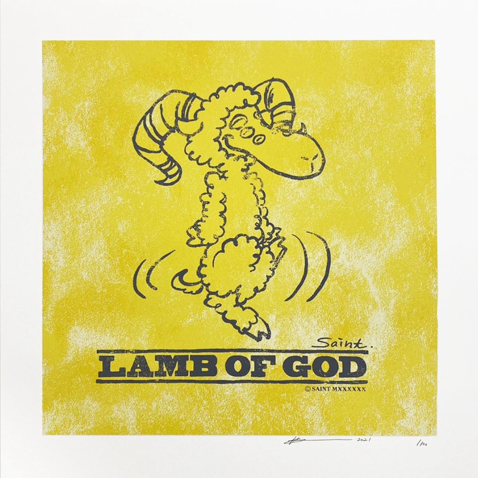A cartoonish sheep-like figure in black lines against a textured yellow background with bold text below.