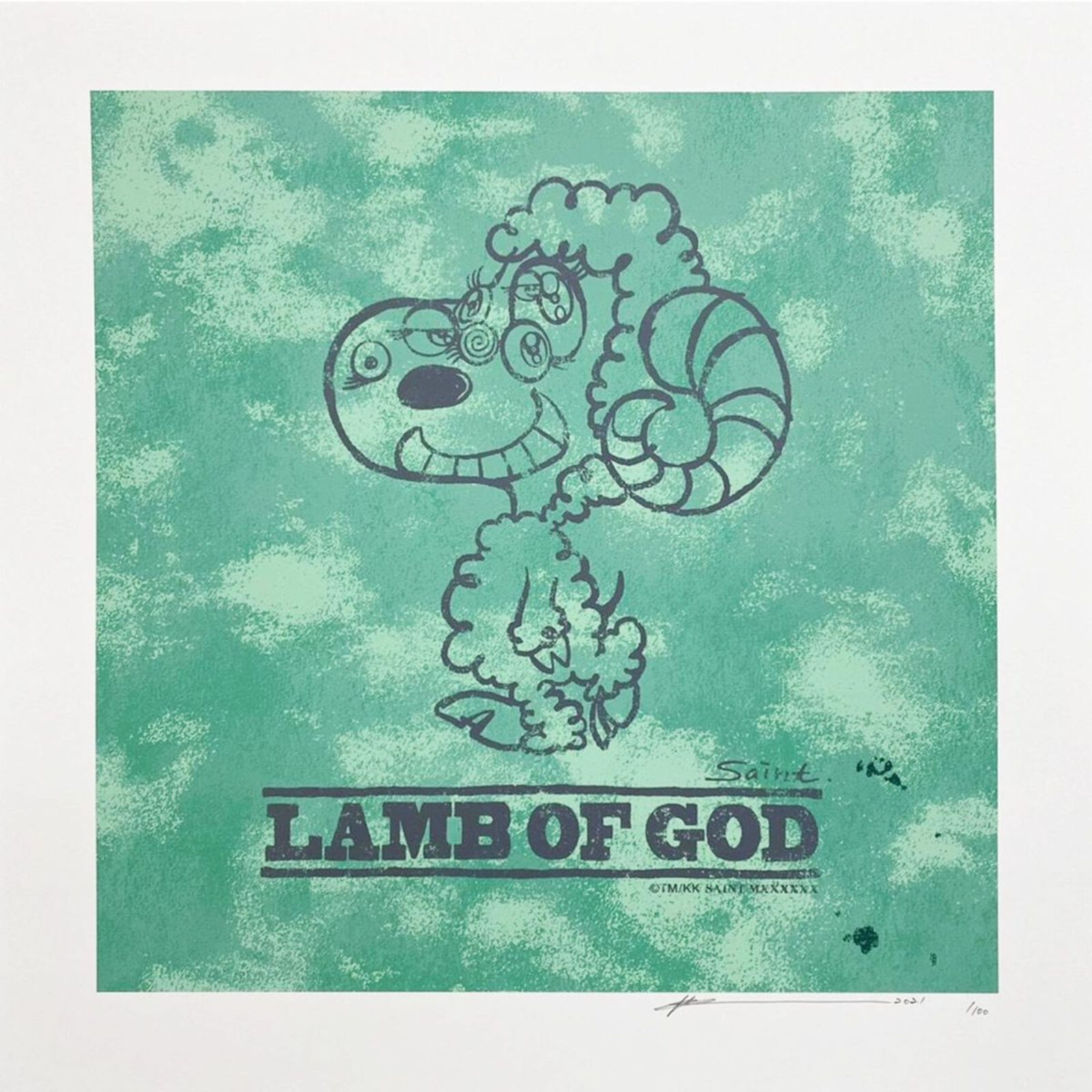 A drawing of a poodle with the words Lamb of God on it.