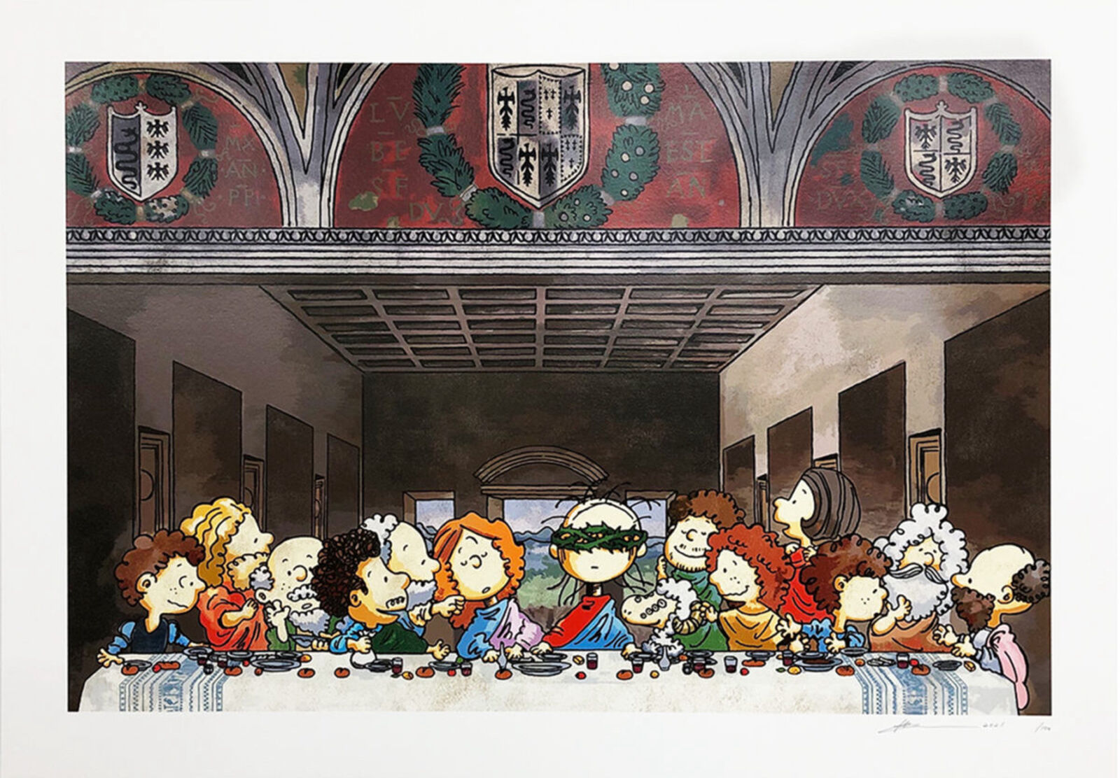 A painting of a group of people sitting around a table.
