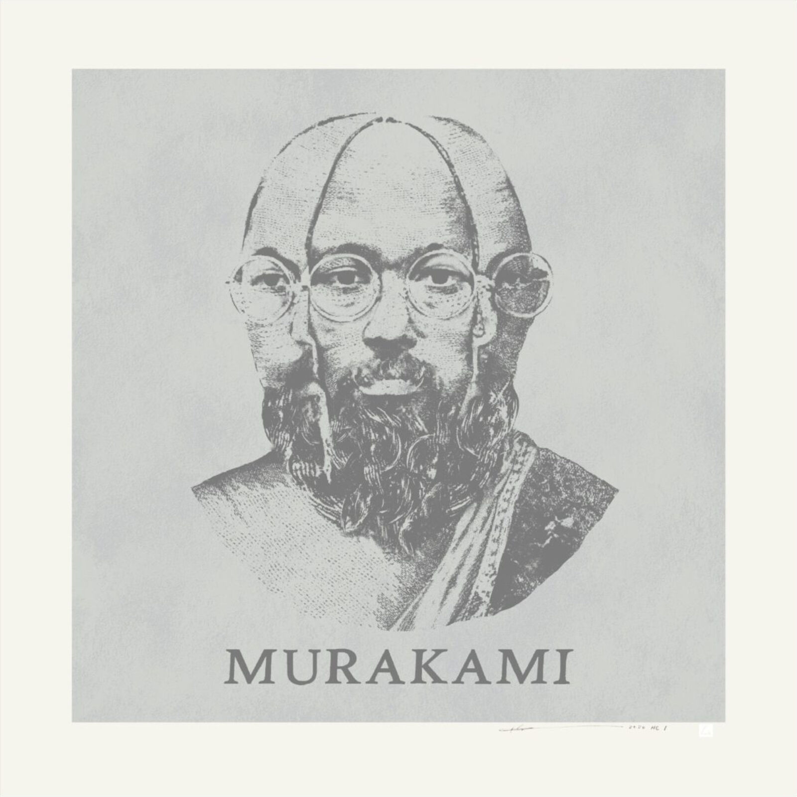 A black and white drawing of a man with glasses and a beard.