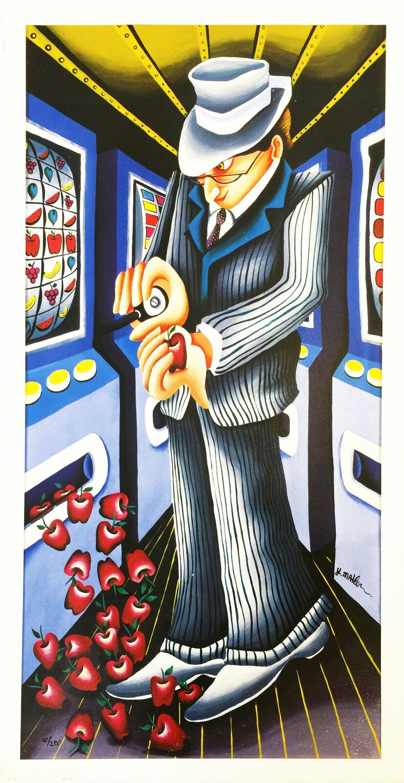 A painting of a man in a suit and hat holding an apple.