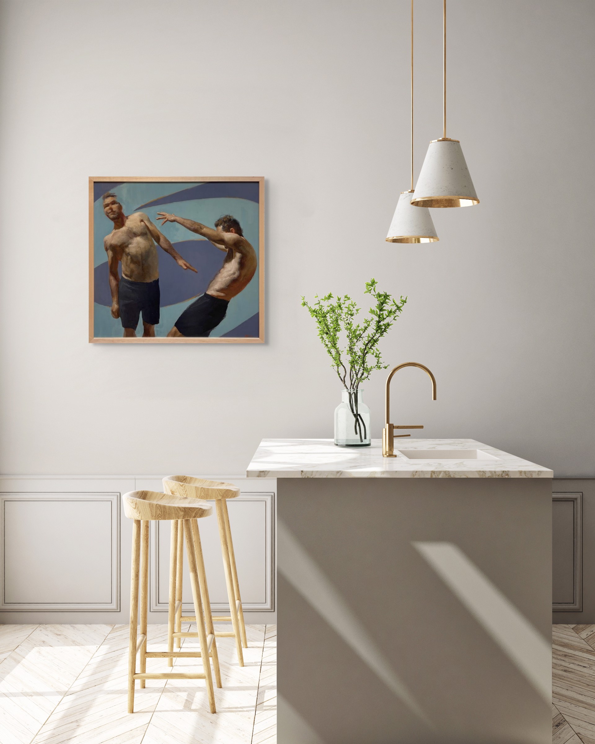 A painting of two men standing next to each other.