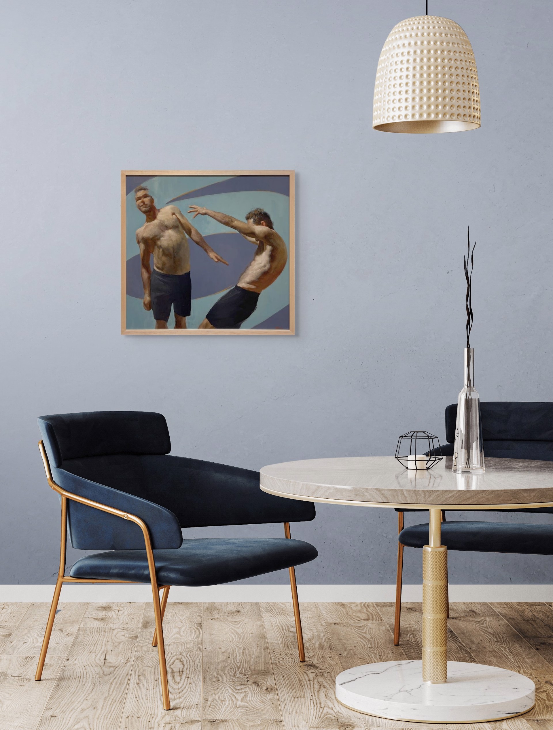 A painting of two men standing next to each other.
