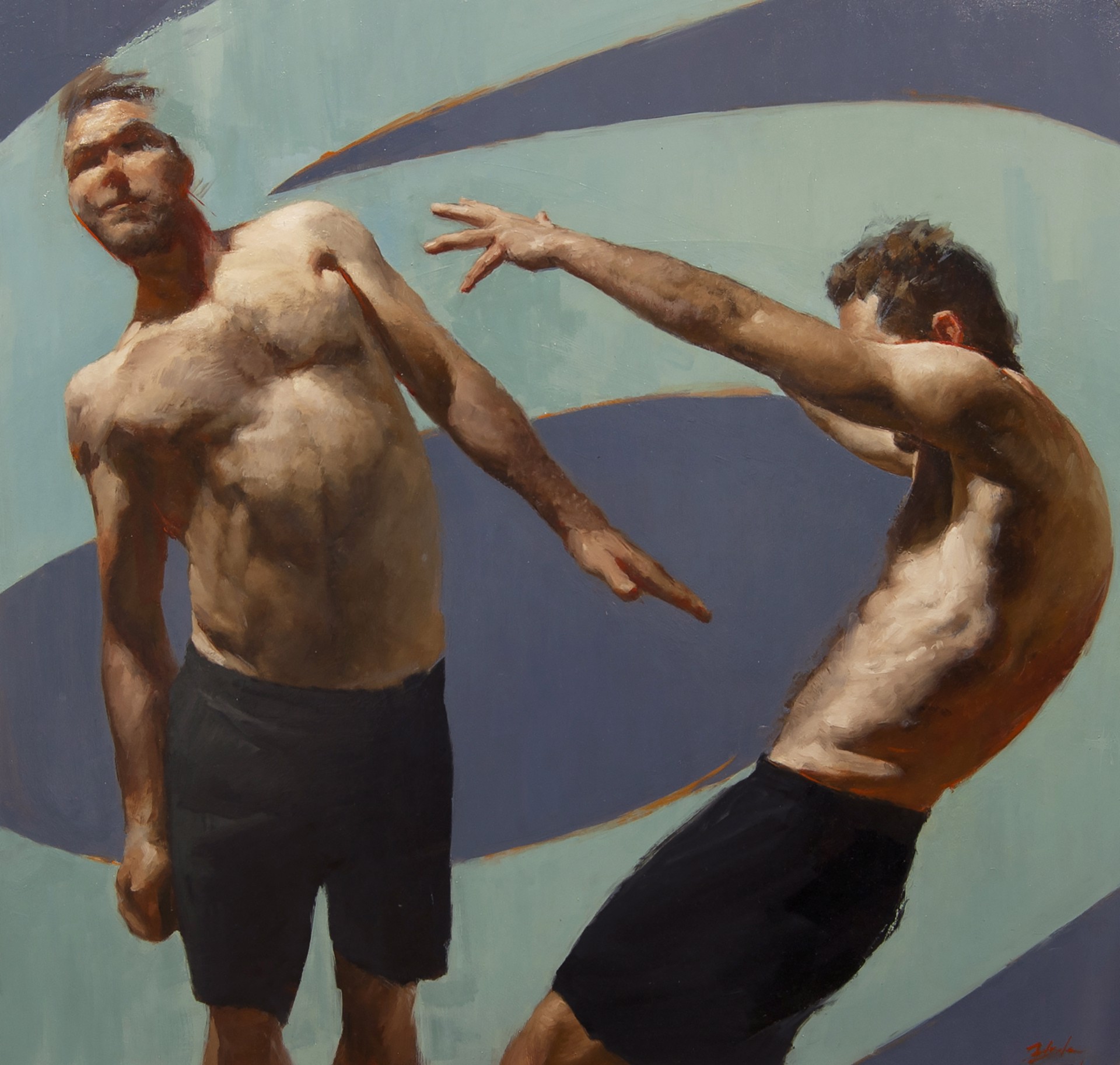 A painting of two men standing next to each other.
