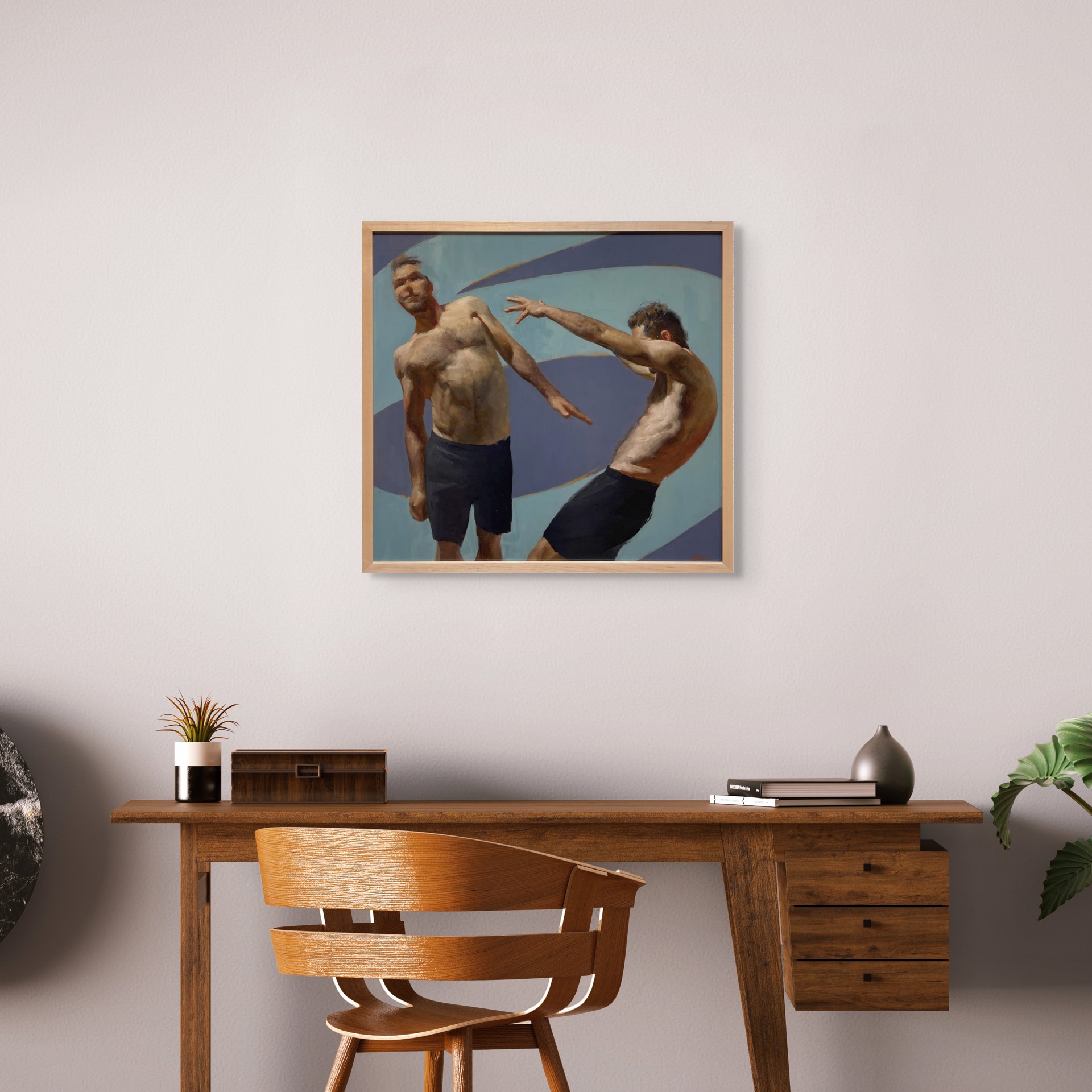 A painting of two men standing next to each other.