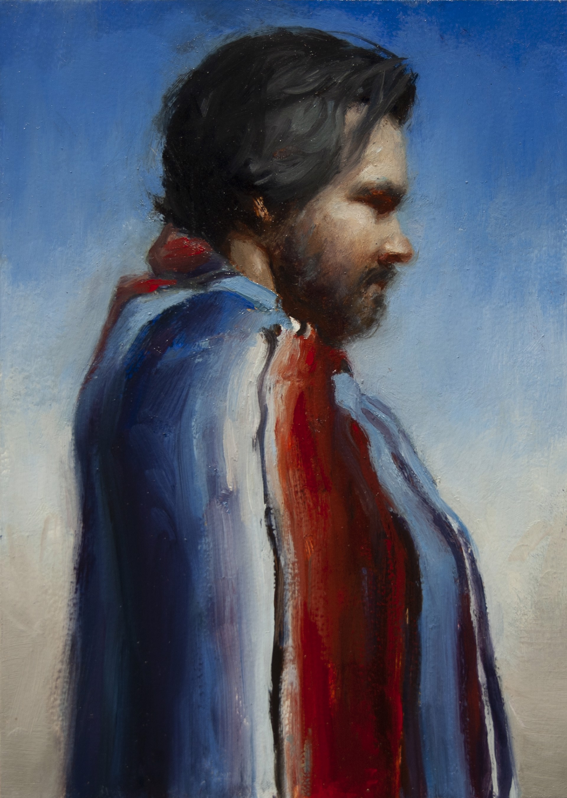 A painting of a man with a red scarf.