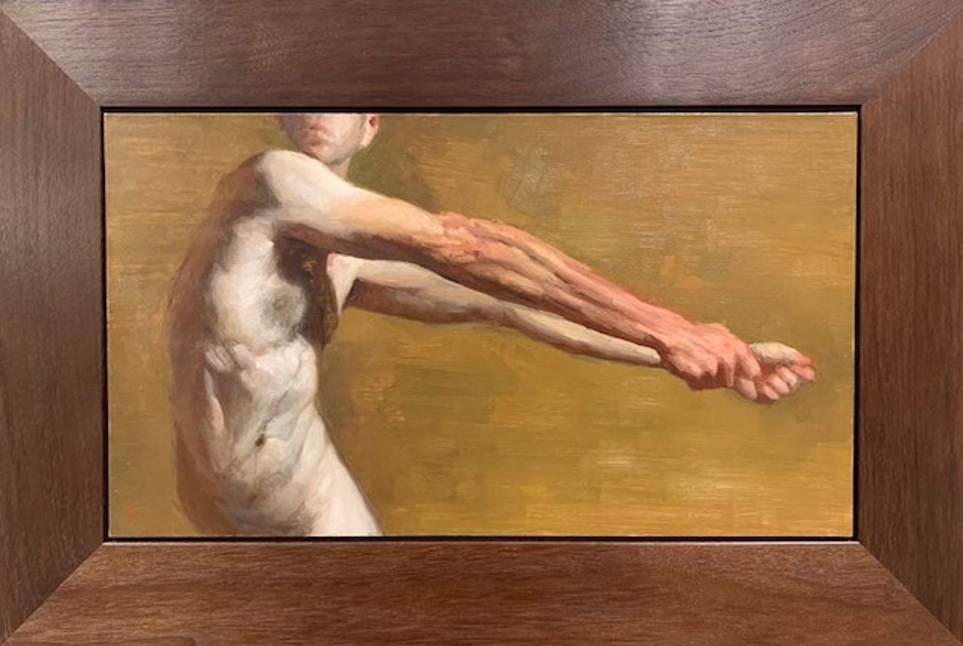 A nude figure in a dynamic pose against a warm, textured background.