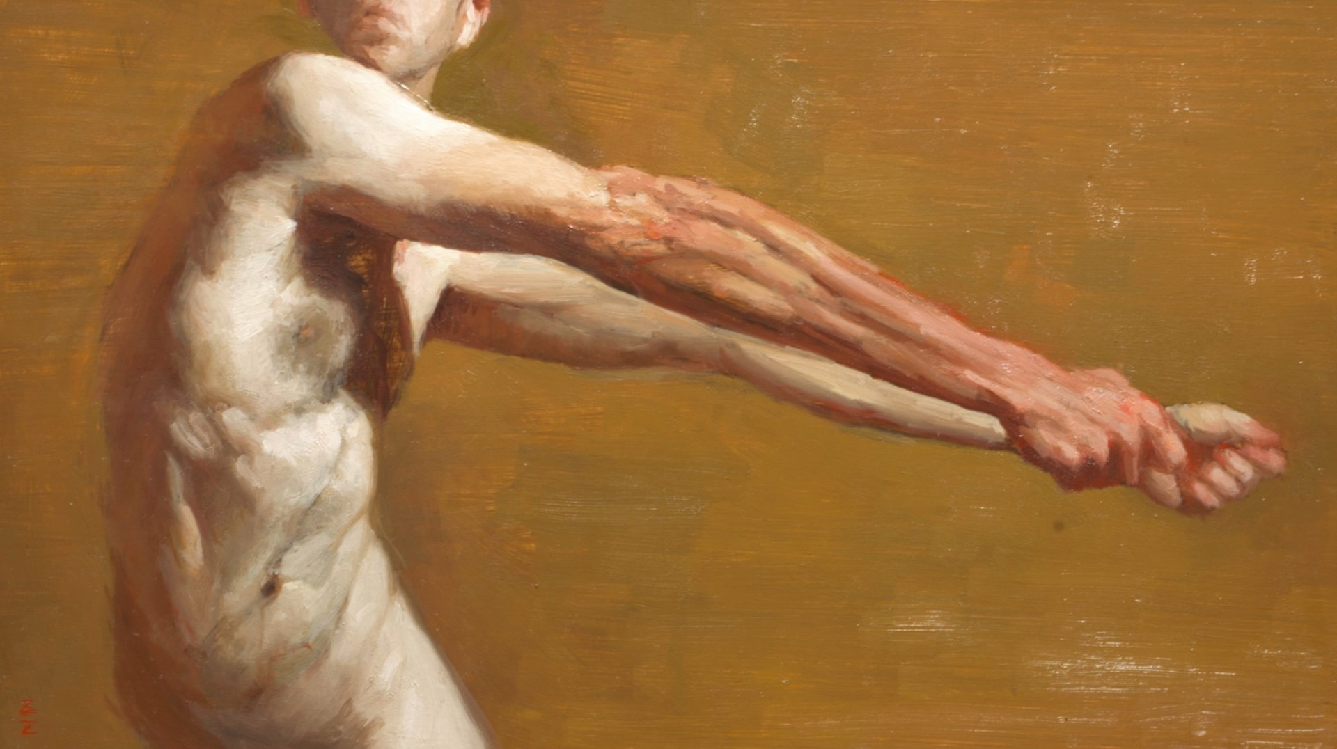 A nude figure in a dynamic pose against a warm, textured background.