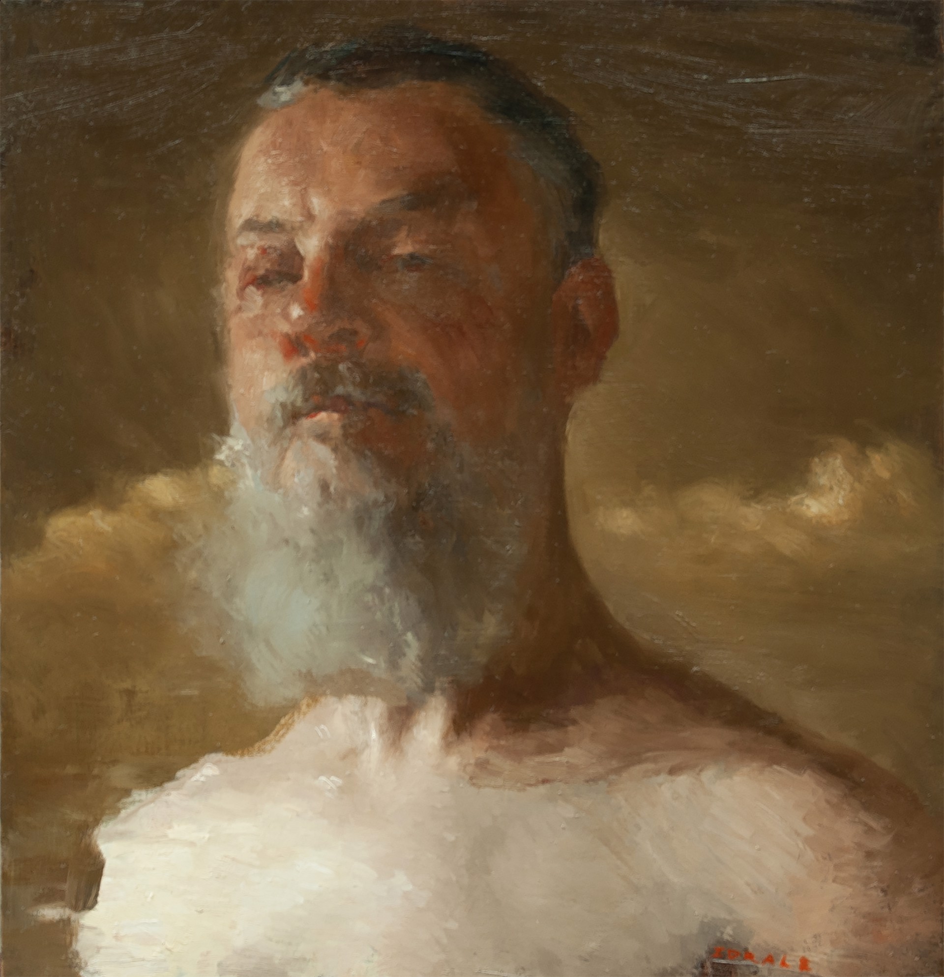 A classical oil painting of a bearded man with a contemplative gaze.