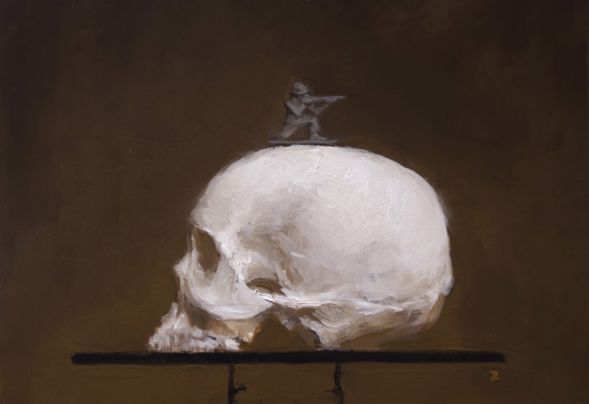 A painting of a human skull on a shelf with a statue on top.