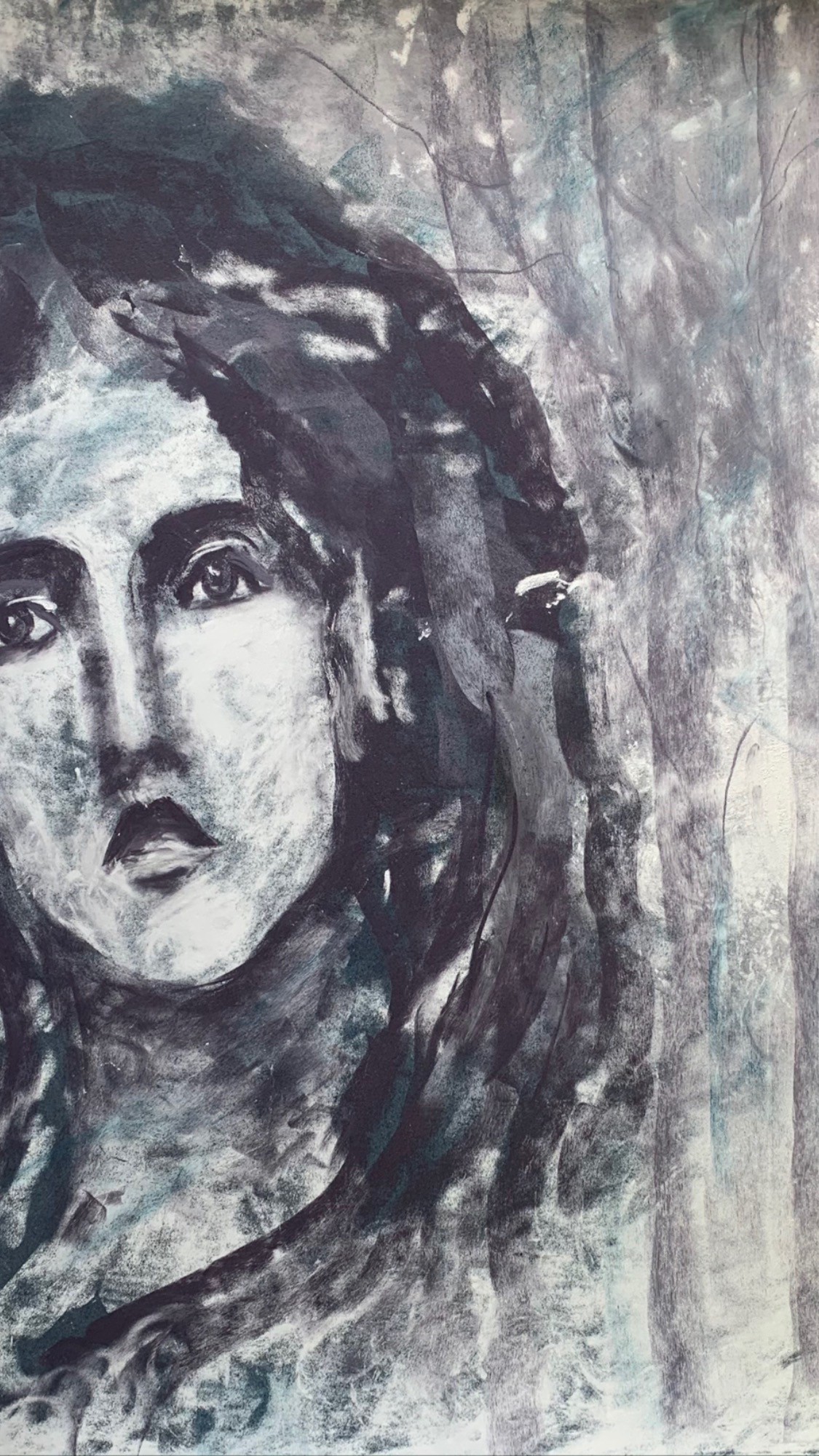 A monochromatic portrait of a figure with dark hair and an intense gaze, rendered in a textured charcoal style.