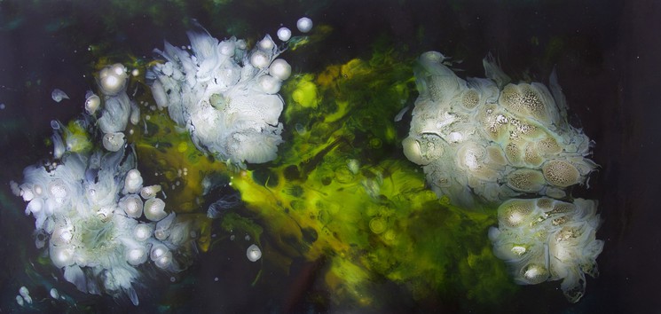 A fluid art piece featuring white, cloud-like clusters and green-yellow swirls against a dark background.