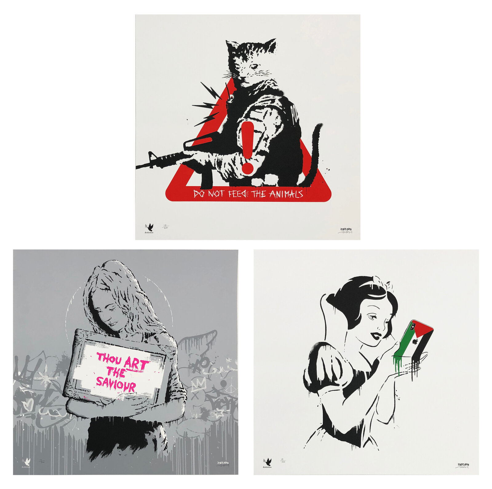 A triptych of street art prints featuring a cat with a rifle, a figure holding a tablet, and a woman looking at a phone.