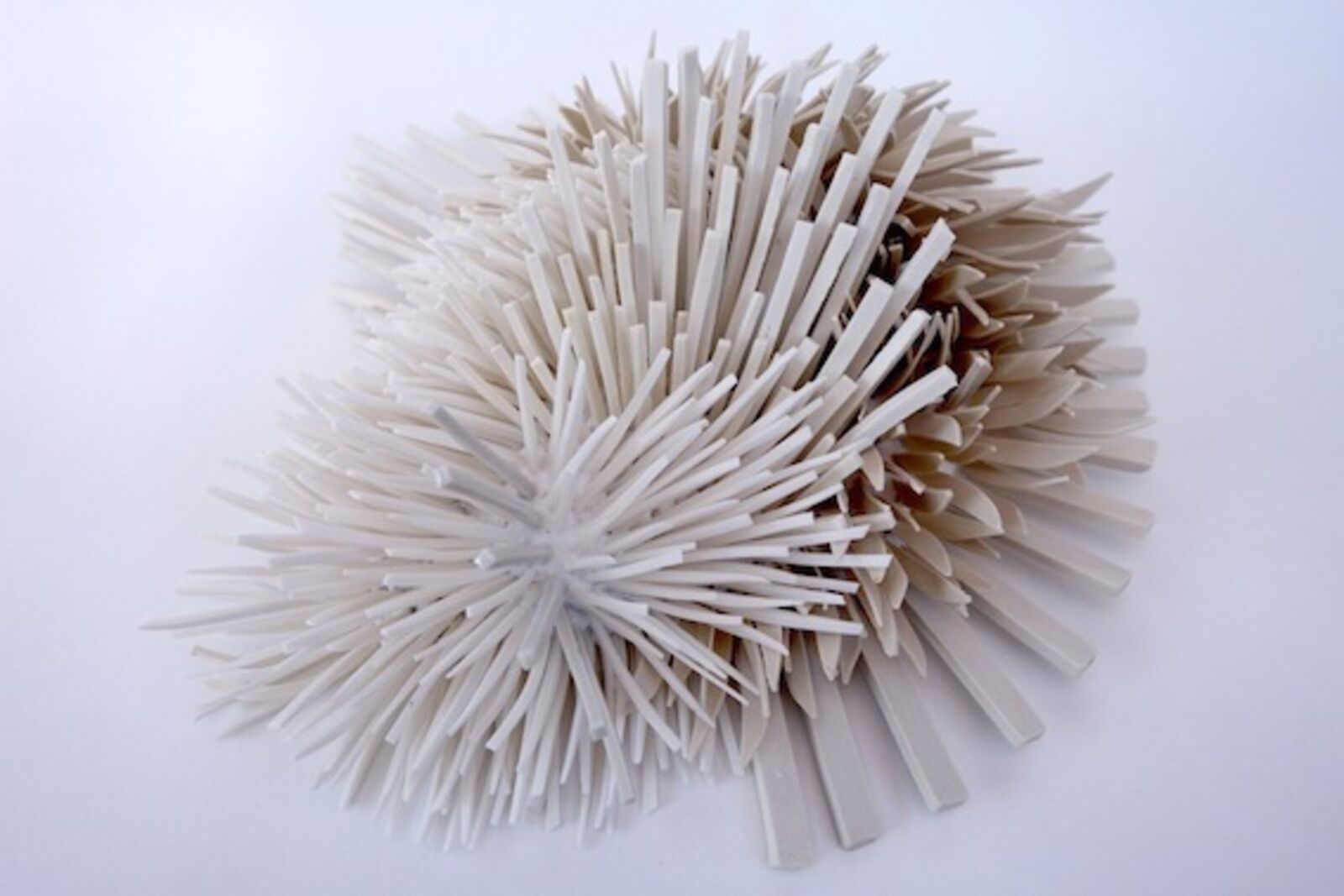 A sculptural heart shape formed from two clusters of spiky, ribbon-like elements.