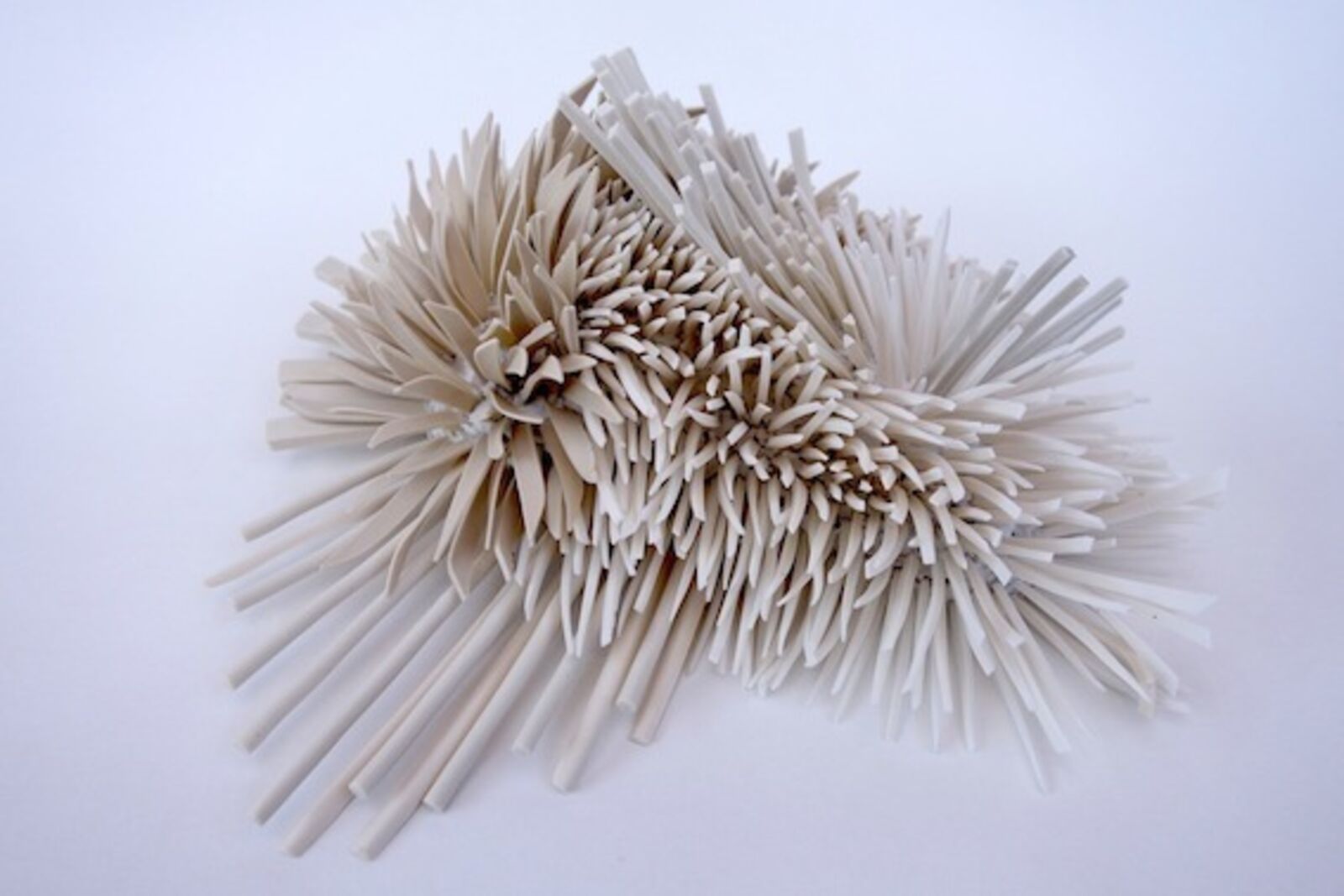 A sculptural heart shape formed from two clusters of spiky, ribbon-like elements.