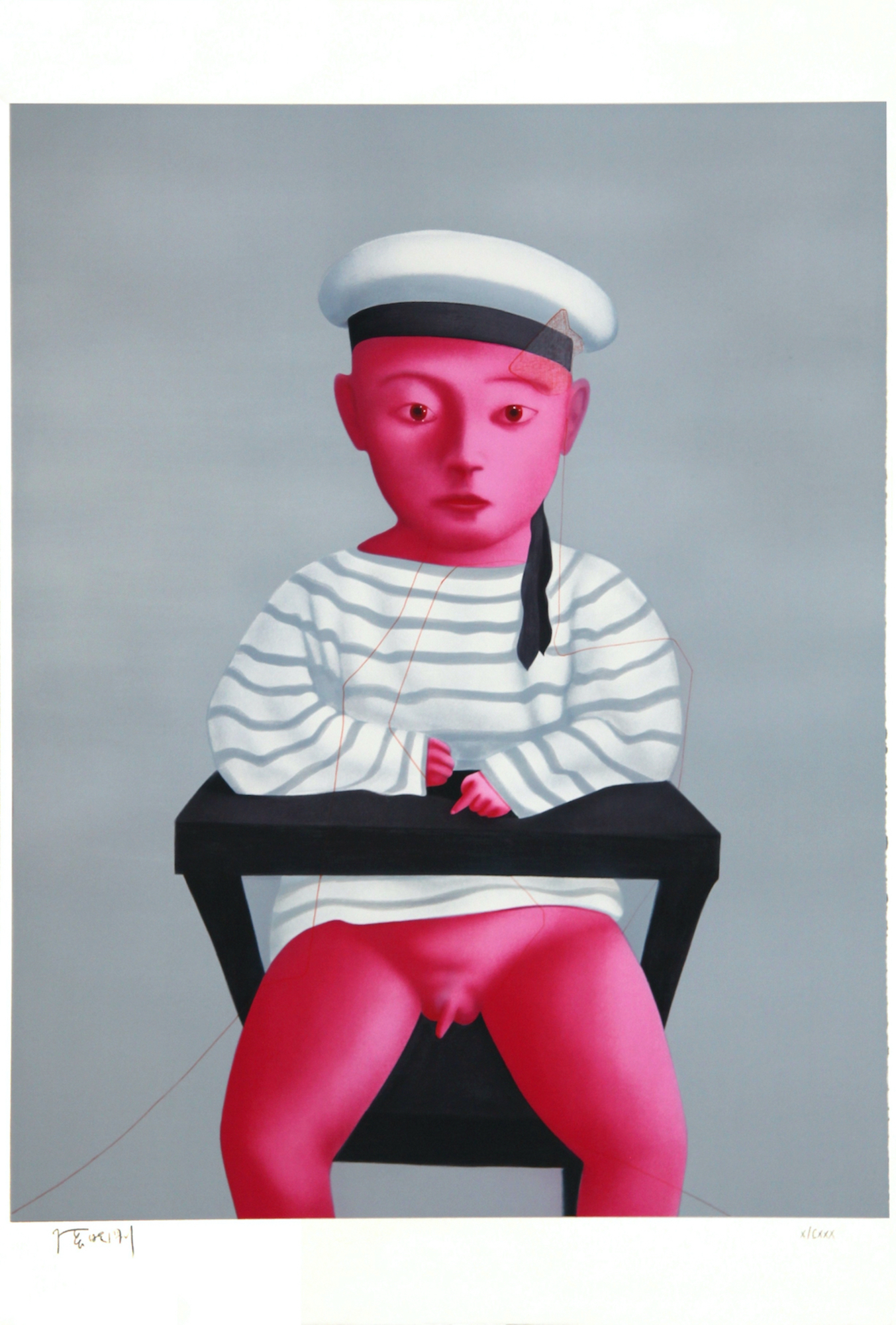 Artwork by Zhang Xiaogang, Baby in a Sailor Suit - Planche No. 18, Made of Lithograph on paper, typewritten poem by Fernando Arrabal in three languages on verso, signed by the artist 