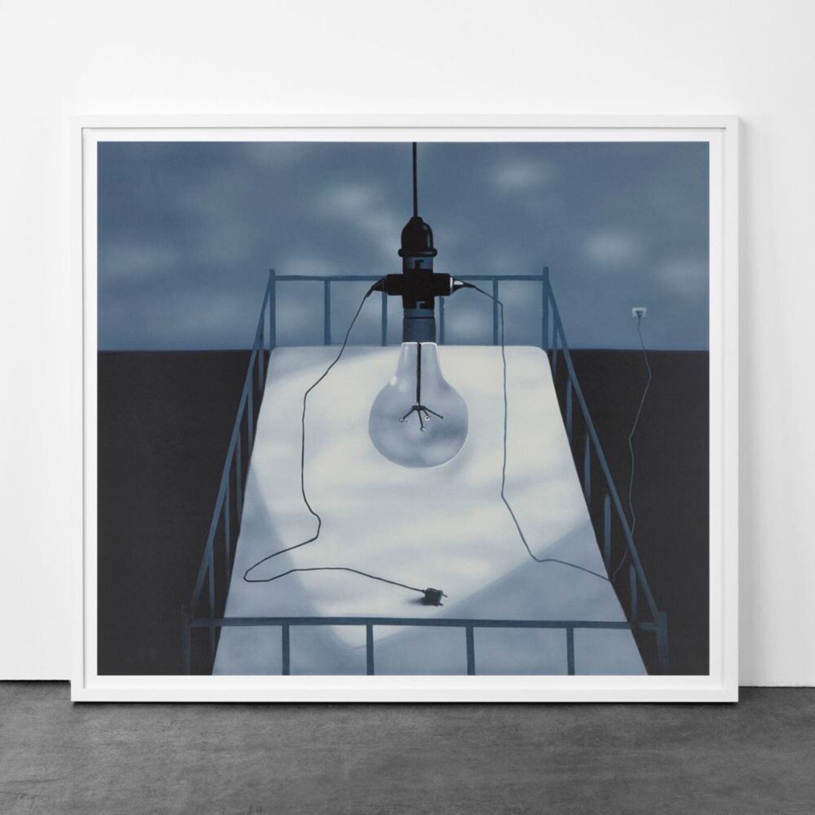 A painting of a light bulb hanging from a ceiling.