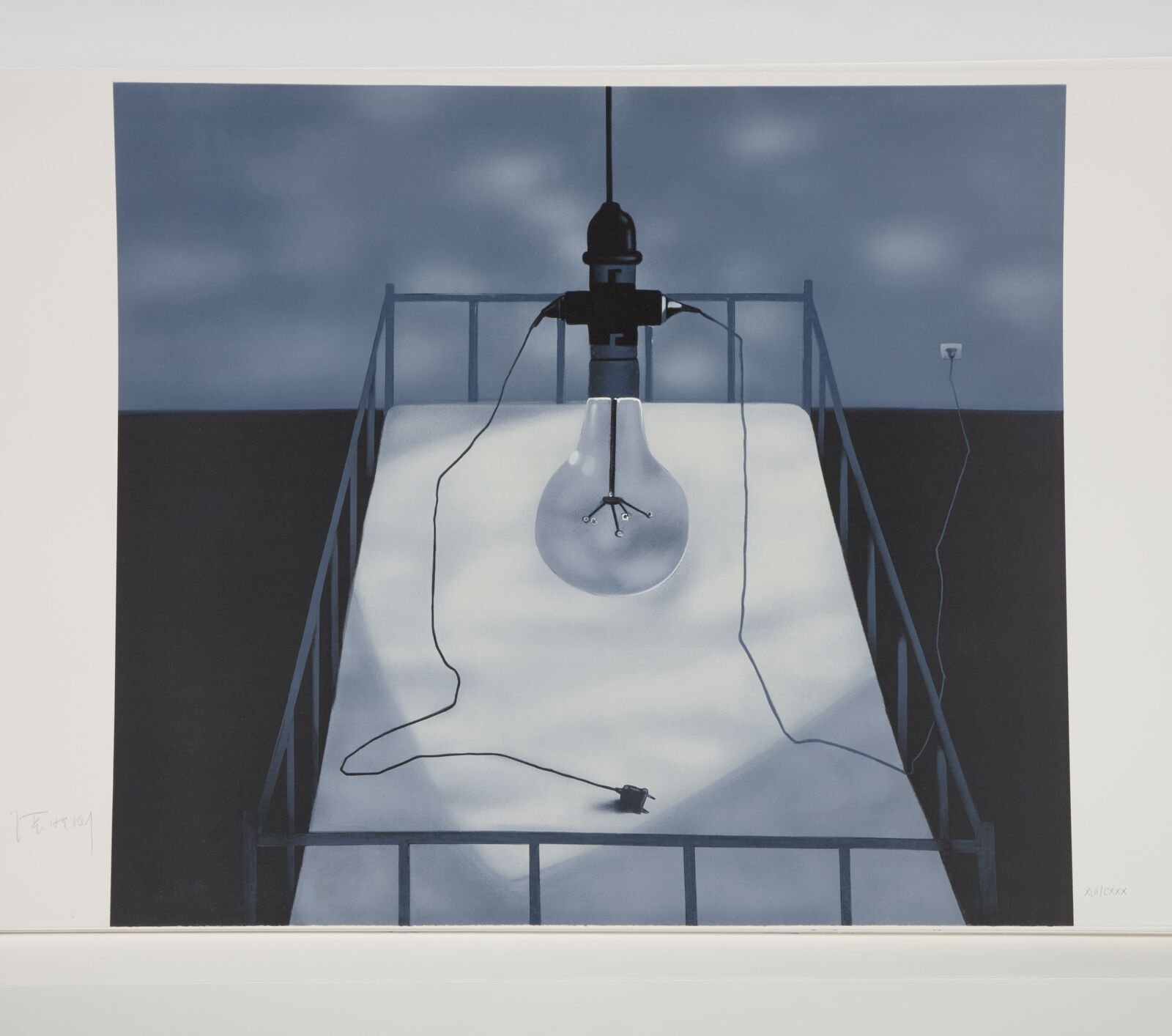 A painting of a light bulb hanging from a ceiling.