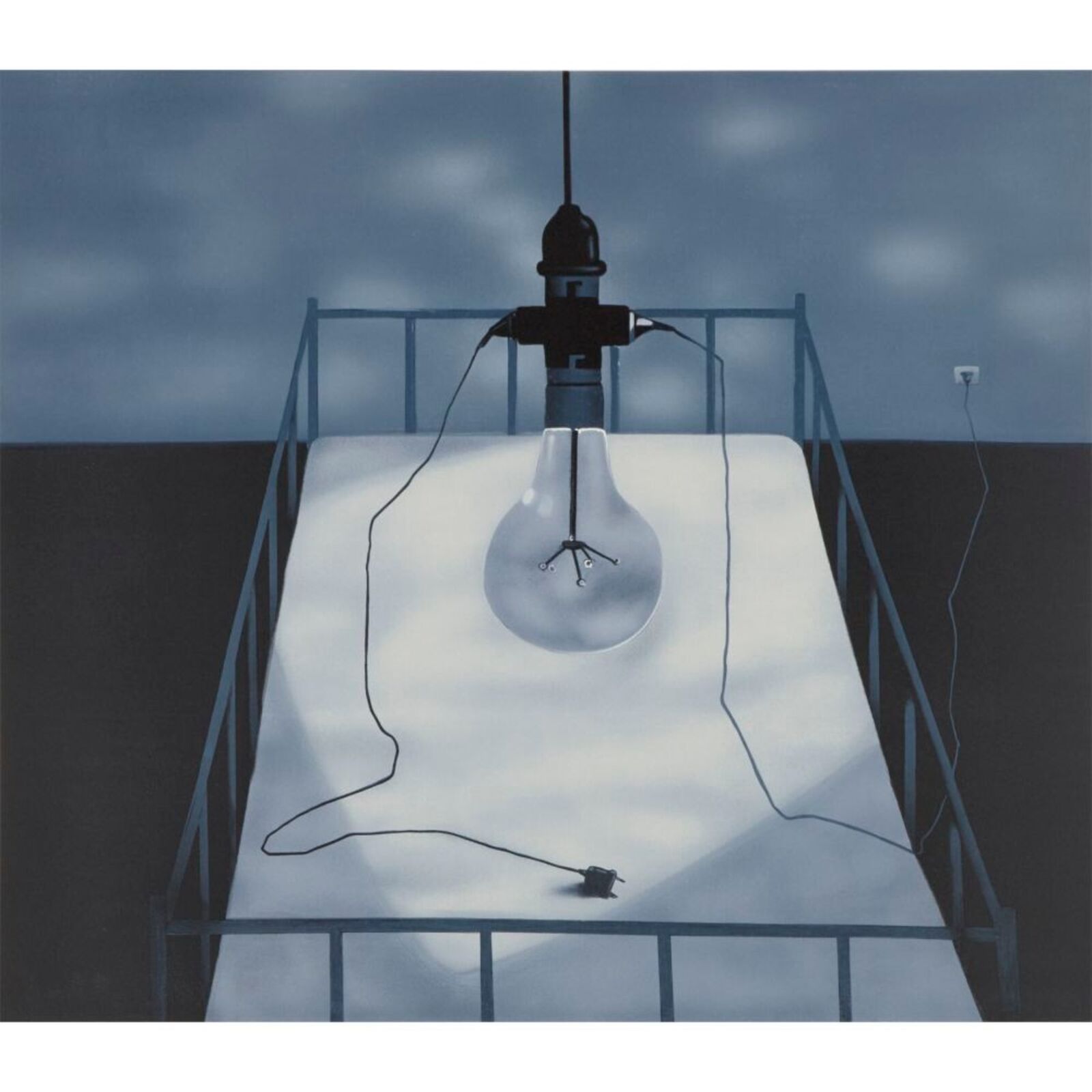 A painting of a light bulb hanging from a ceiling.