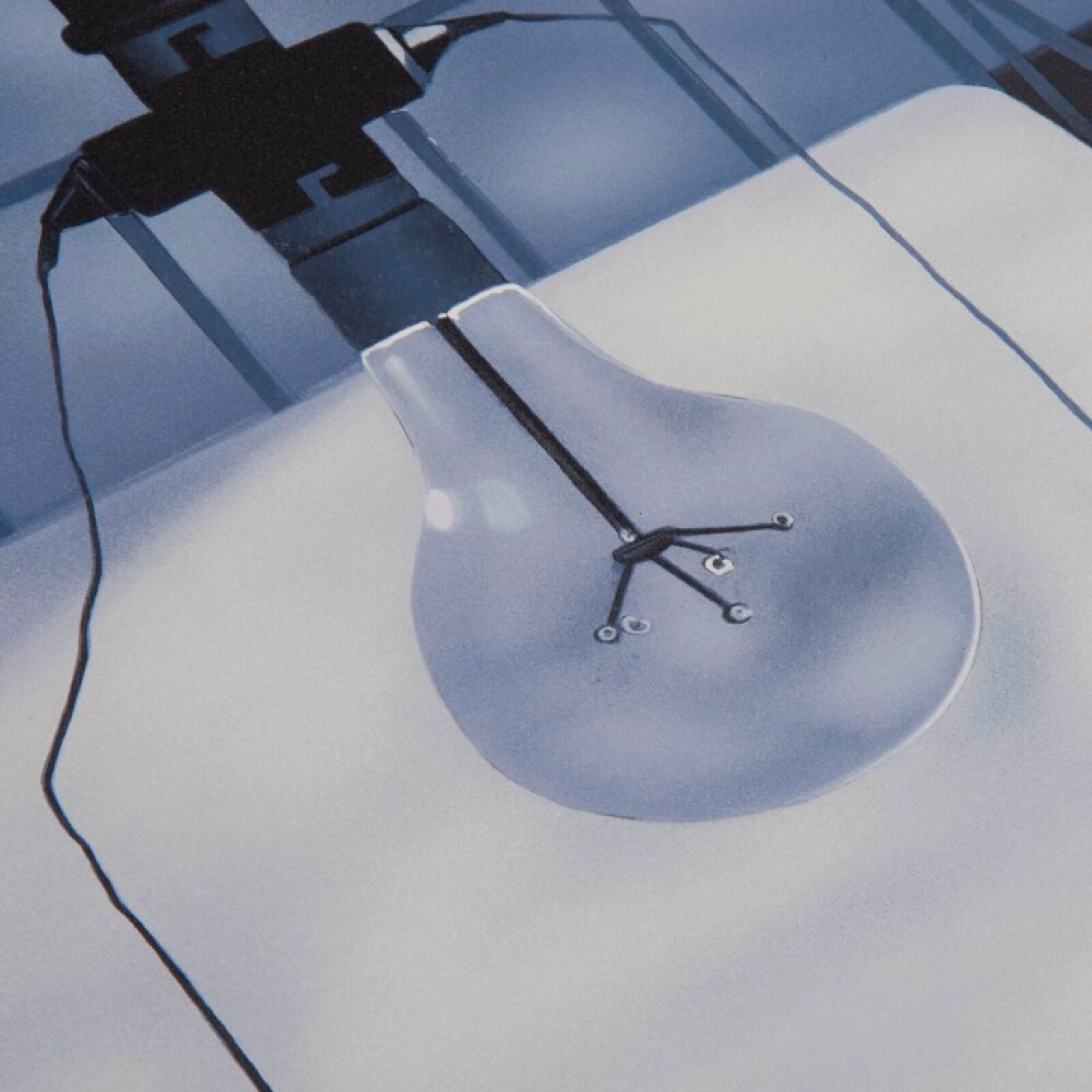 A painting of a light bulb hanging from a ceiling.