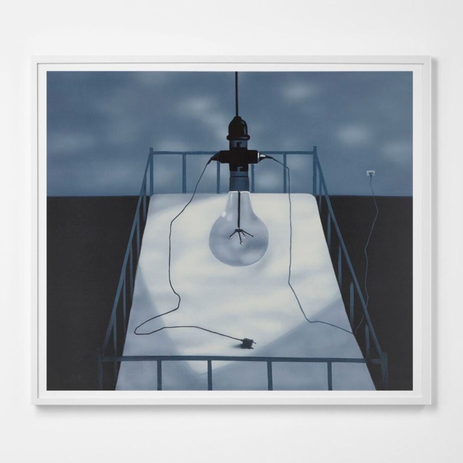 A painting of a light bulb hanging from a ceiling.