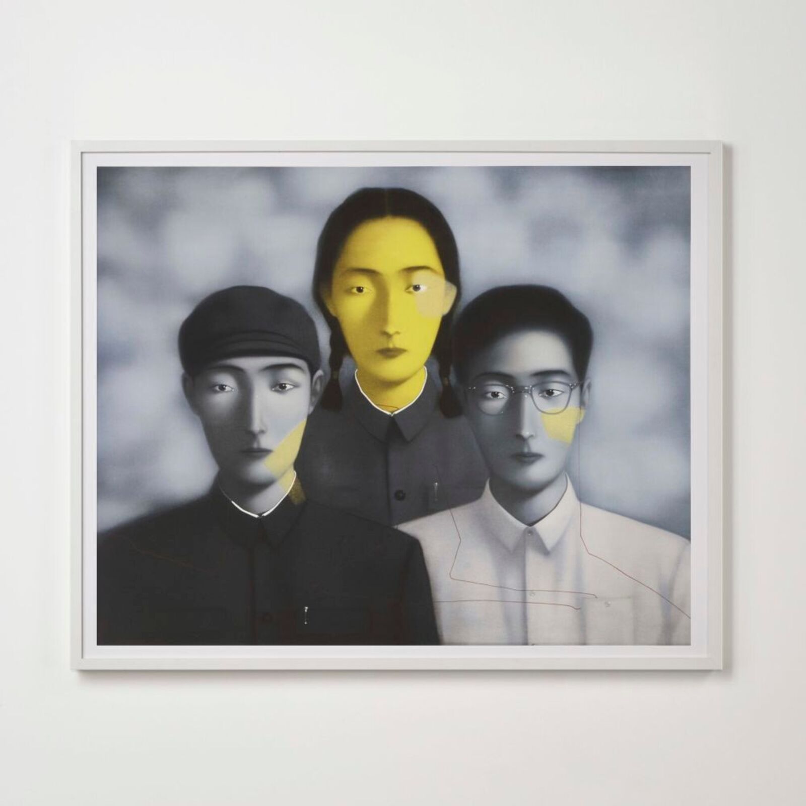 A triptych portrait featuring three figures with a striking yellow and blue color scheme.