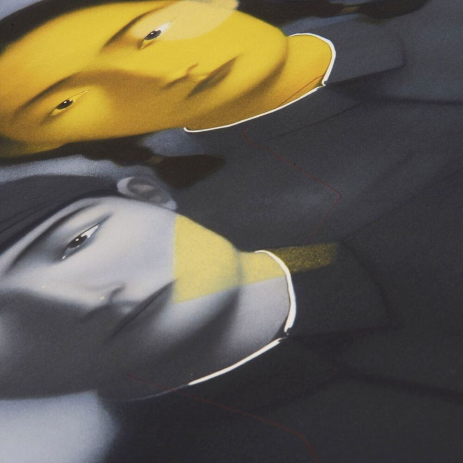 A triptych portrait featuring three figures with a striking yellow and blue color scheme.