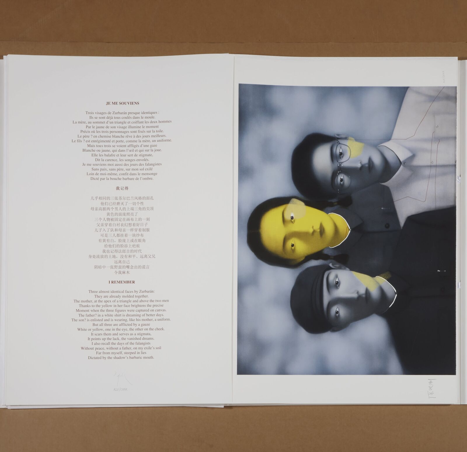 A triptych portrait featuring three figures with a striking yellow and blue color scheme.