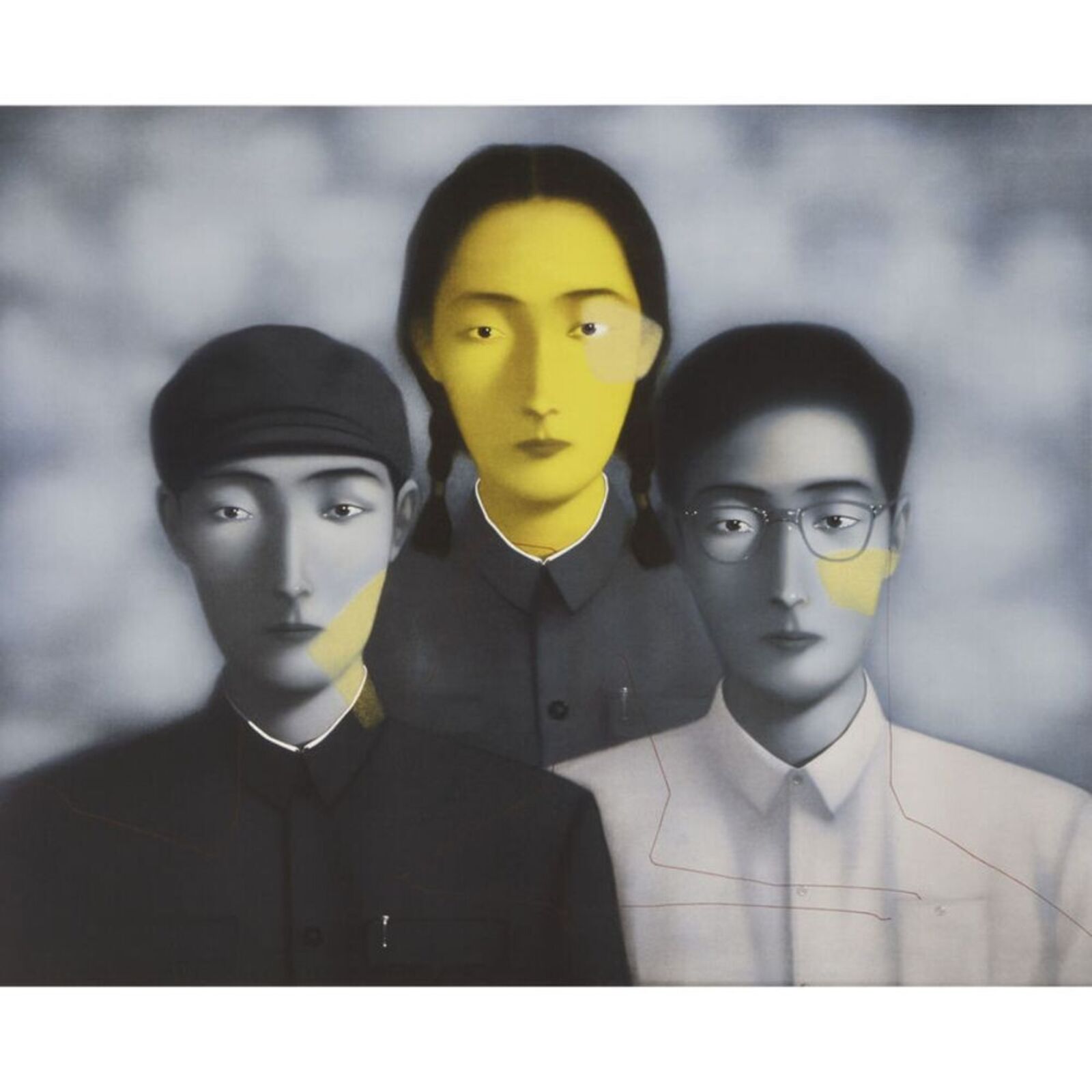 A triptych portrait featuring three figures with a striking yellow and blue color scheme.