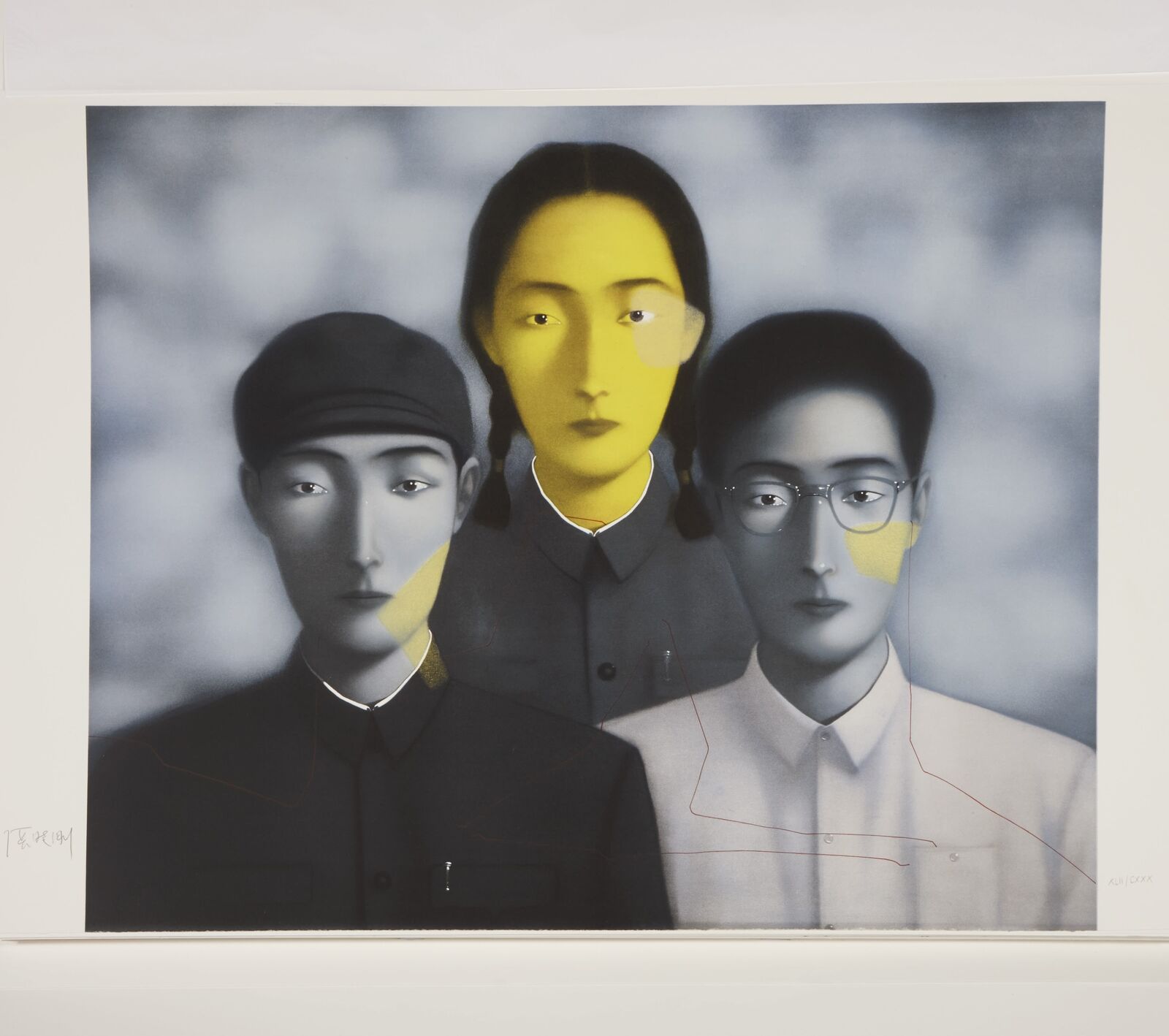 A triptych portrait featuring three figures with a striking yellow and blue color scheme.