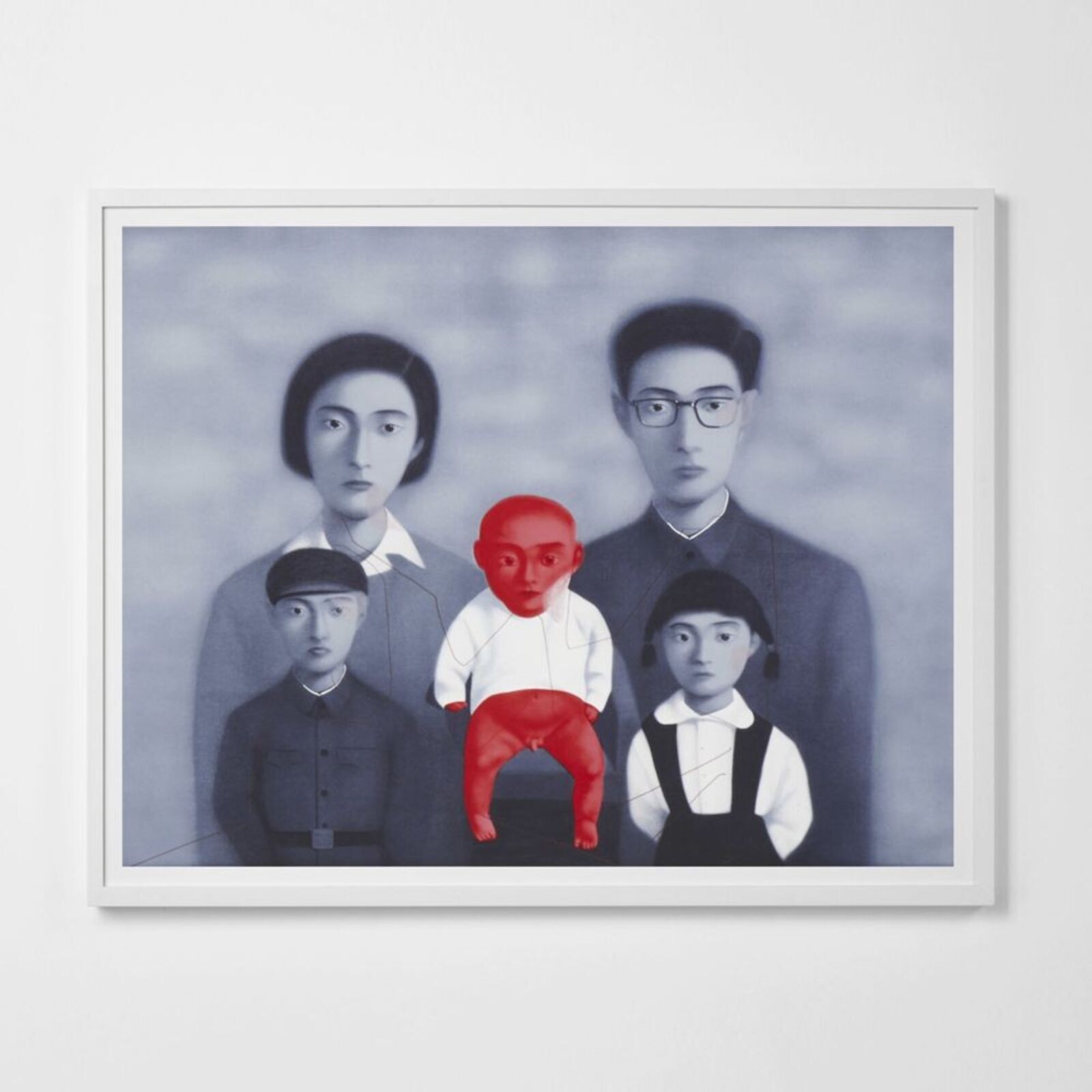 A surreal portrait of a family where one child is rendered in vivid red against a desaturated blue-grey background.