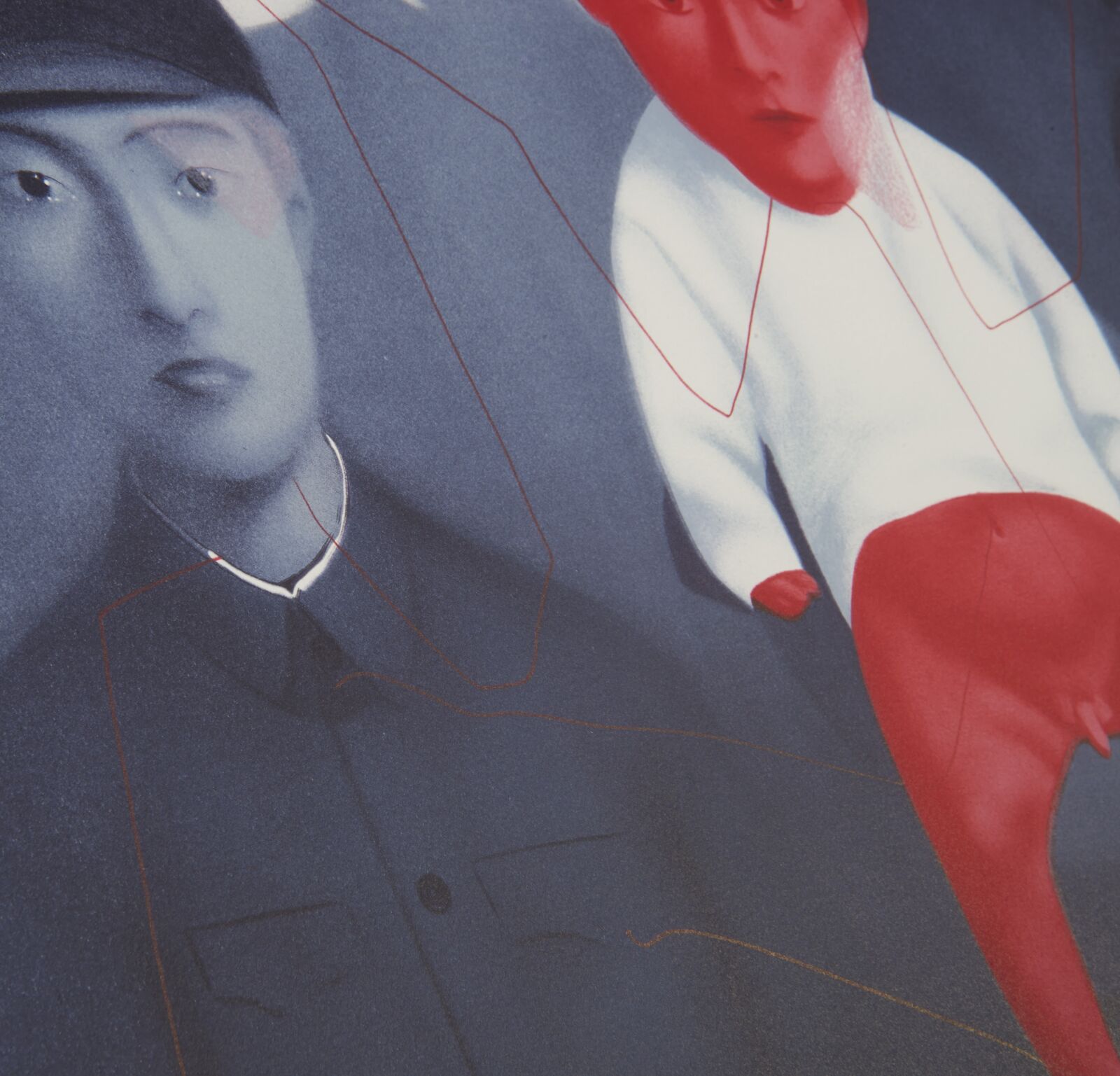 A surreal portrait of a family where one child is rendered in vivid red against a desaturated blue-grey background.